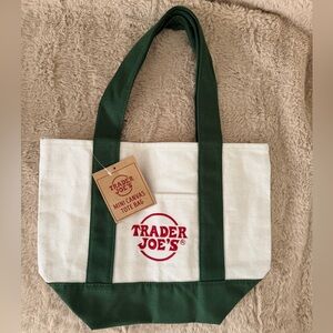 Trader Joe’s Mini Tote Green Small Grocery Shopping Bag Tan Logo